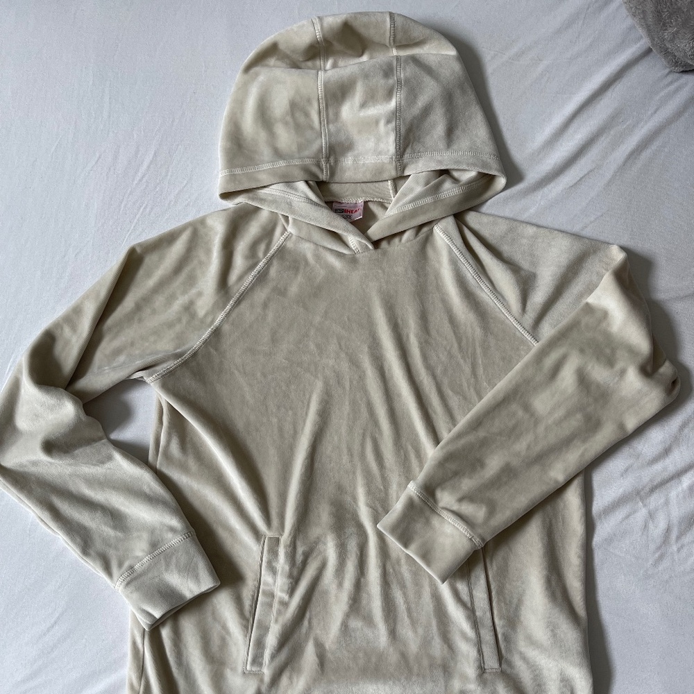 Cream Colored Velour Lightweight Pullover Hoodie